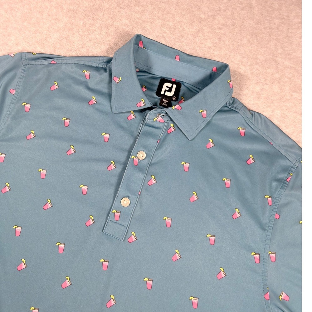 FootJoy Polo Shirt Men Medium Blue Pink Cocktail Print Golf Top